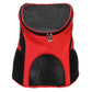 Red foldable nylon pet carrier backpack with mesh front and top zipper, padded straps