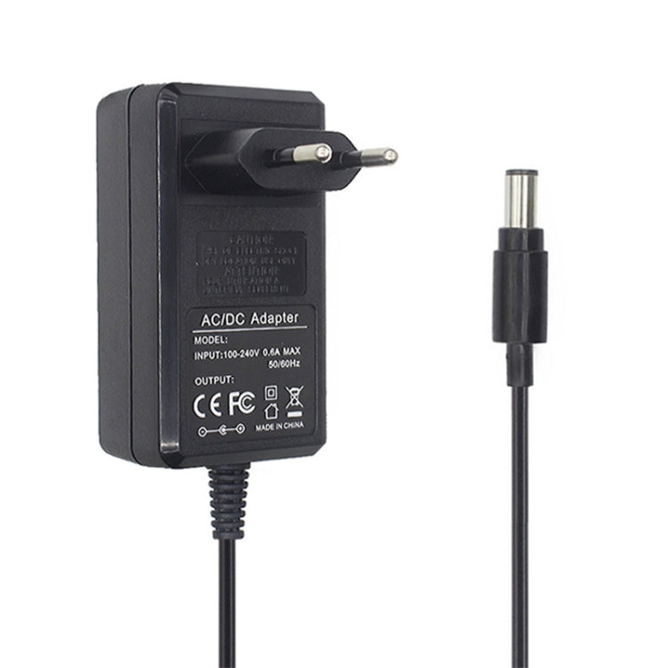 Black AC/DC charger adapter with two-prong plug and DC barrel tip