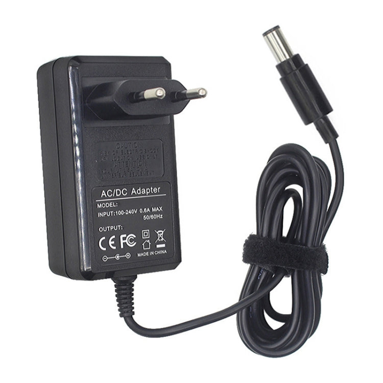 Black charger adapter with two-prong plug, DC barrel tip, and power cord