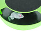 Green cat turntable with gray felt top and plush mouse toy on track.