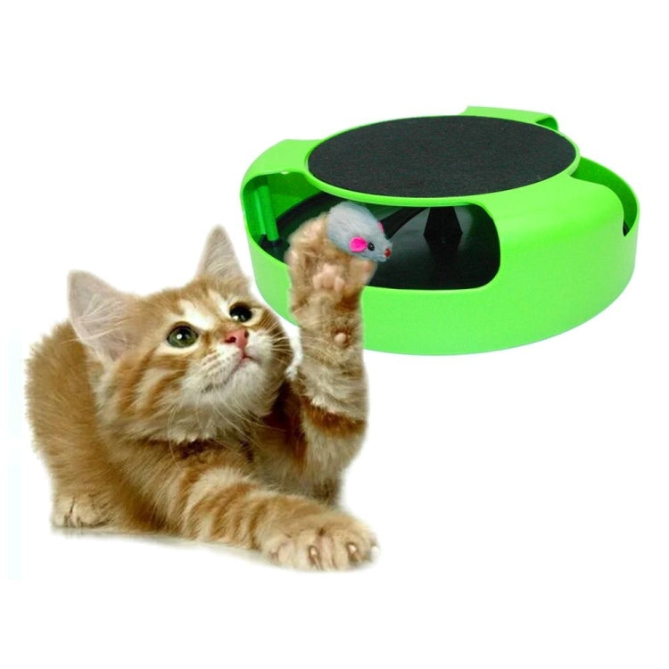 Green cat turntable toy with gray felt top and plush mouse under shade.