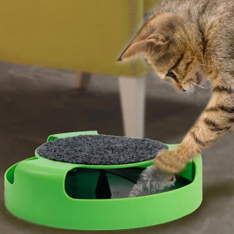 Green cat turntable toy with gray felt pad and plush mouse for cats.