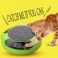 Green cat turntable toy with gray felt surface and plush mouse accessory.