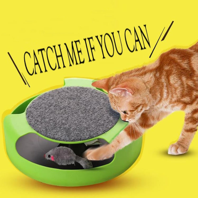 Green cat turntable toy with gray felt surface and plush mouse accessory.