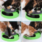 Cat turntable toy with gray felt top and plush mouse, shown with cats.