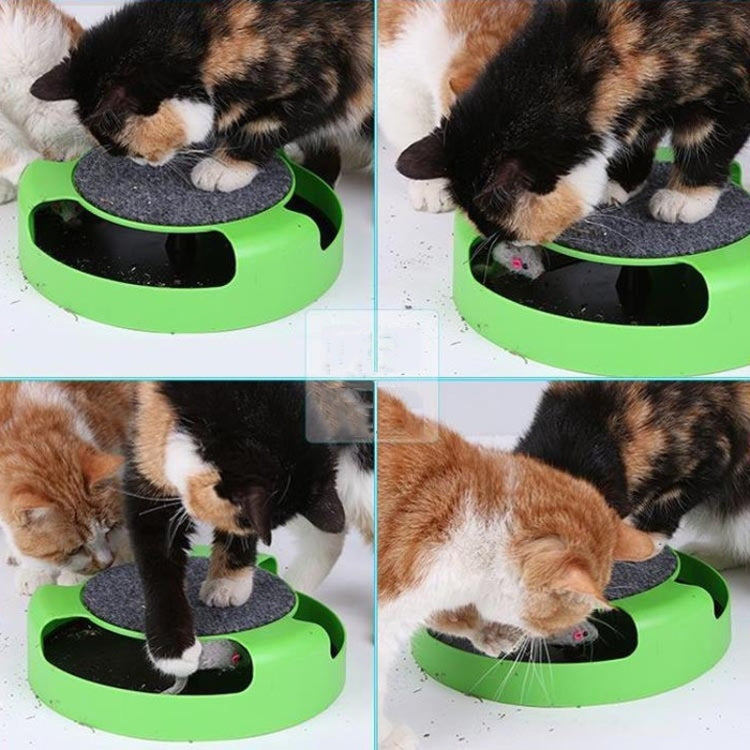 Cat turntable toy with gray felt top and plush mouse, shown with cats.