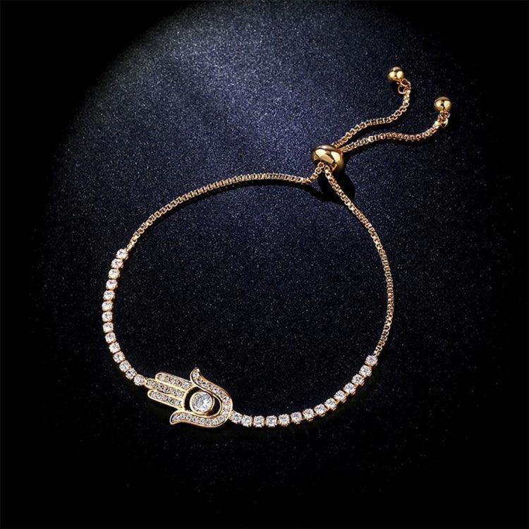 Gold hamsa hand bracelet with rhinestone chain and heart hamsa charm