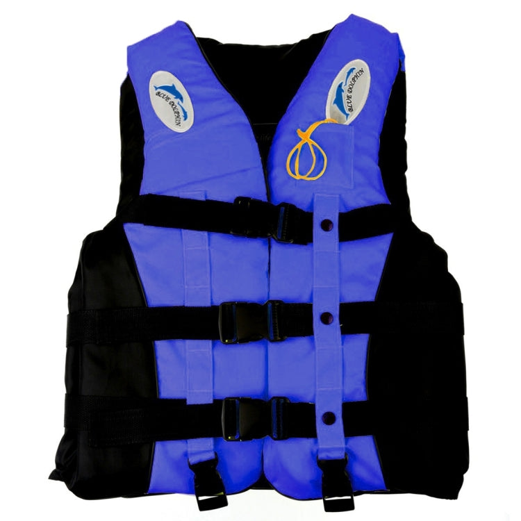 Children's blue life jacket with black side straps and front button placket