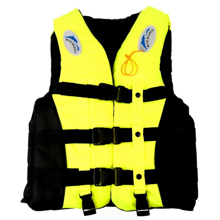 Children's two-tone yellow-and-black life jacket with front buttons and buckle straps