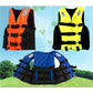Assorted life jackets in orange, yellow, and blue with black harness straps