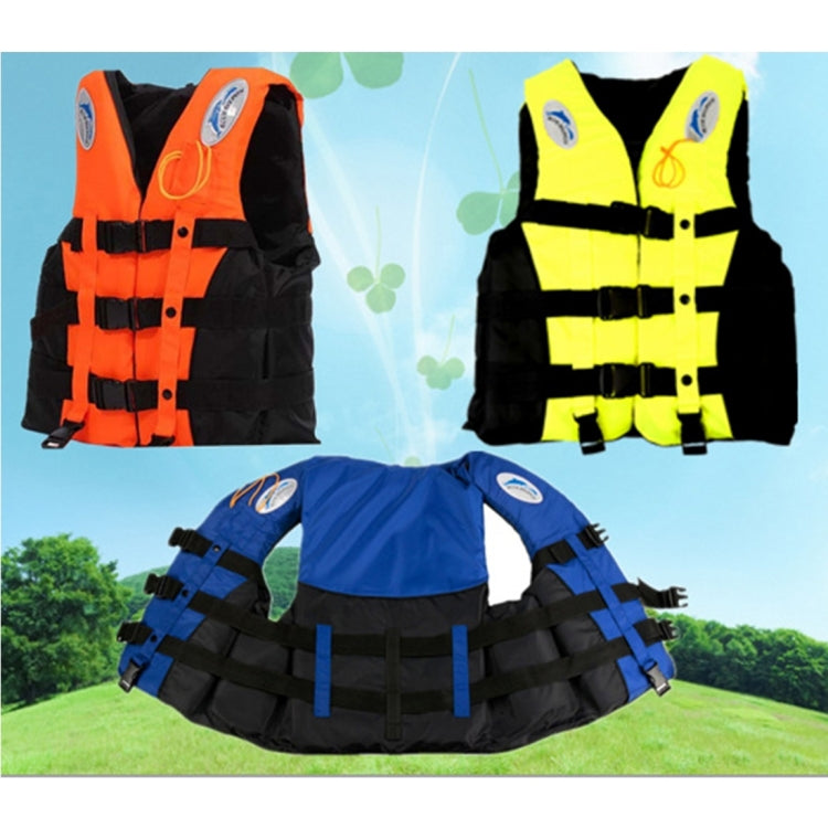 Assorted life jackets in orange, yellow, and blue with black harness straps