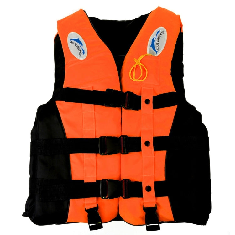 Orange and black adult life jacket with front zipper and adjustable buckle straps