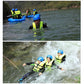 Neon yellow adult life jacket with black strap webbing worn in choppy water rafting