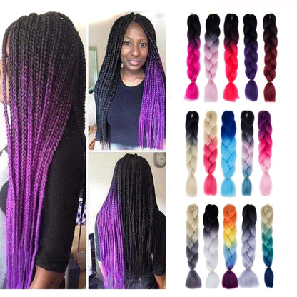 Color-gradient braid wig with long black-to-purple individual braids and straight ends.