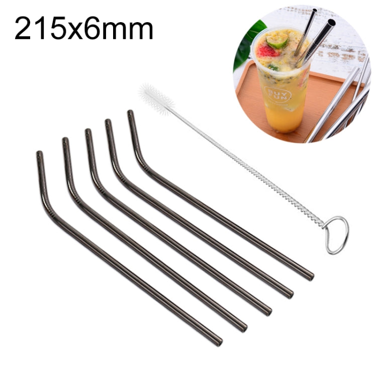 5 bent stainless steel drinking straws with long cleaning brush, black finish