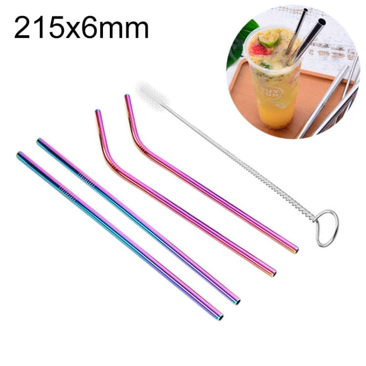 Reusable stainless steel straw set with cleaner brush, 215x6mm, rainbow metallic straws