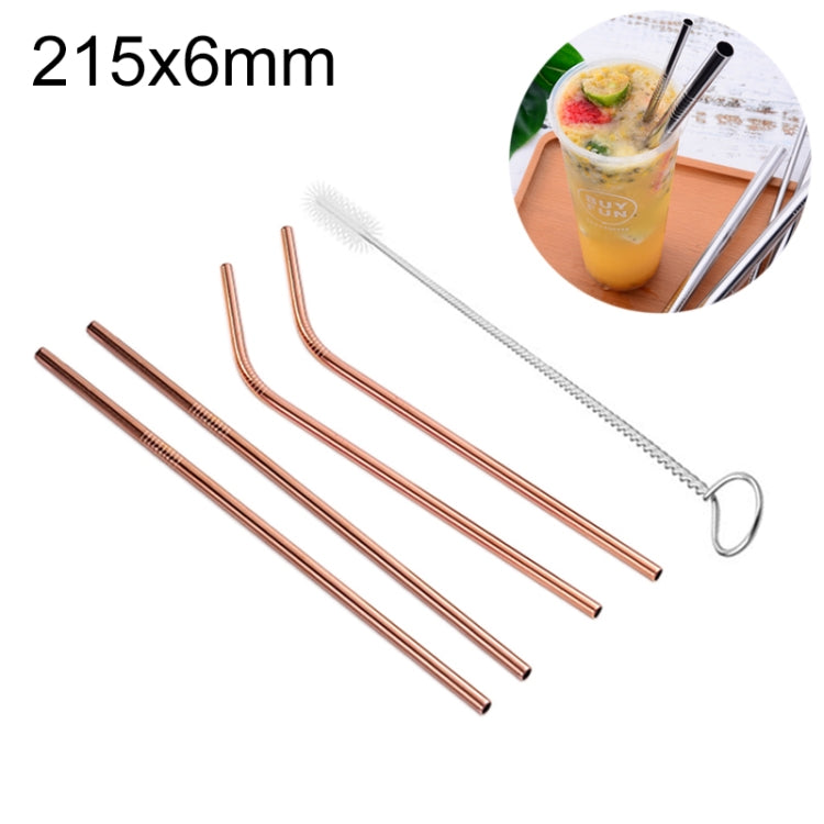 Reusable stainless steel straw set with cleaner brush, 215x6mm, rose/copper-tone straws