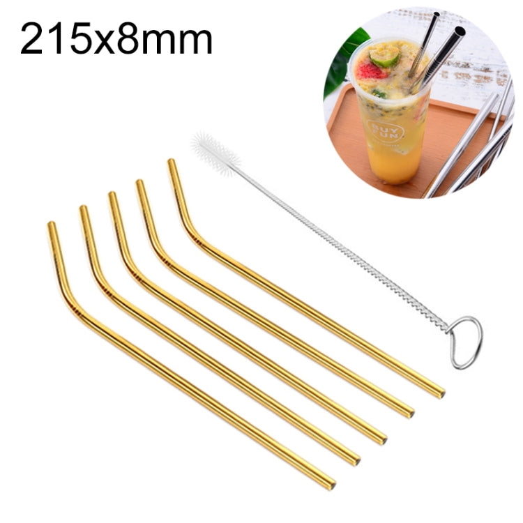 Bent reusable stainless steel straw set with cleaner brush, gold finish