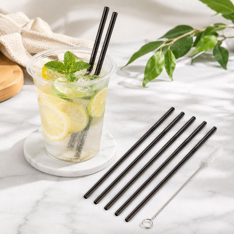 Reusable black stainless steel straight drinking straws with cleaning brush and rope.