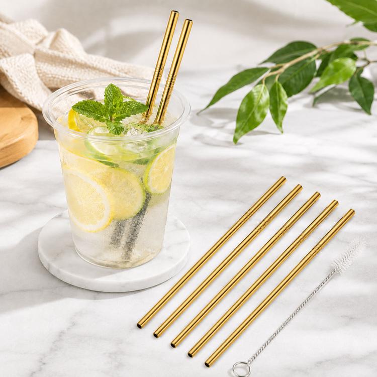 Reusable straight drinking straw set with cleaning brush, gold finish