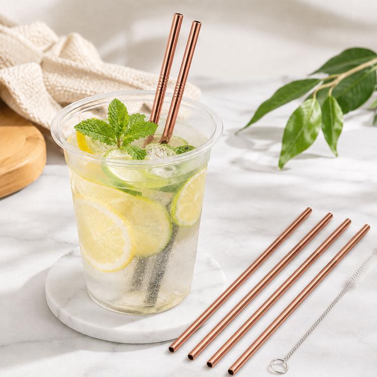 Reusable straight drinking straw set with cleaning brush, rose gold finish