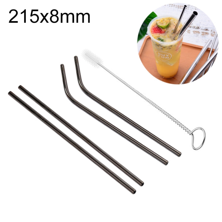 Black reusable stainless steel drinking straws with cleaning brush, 215x8mm set