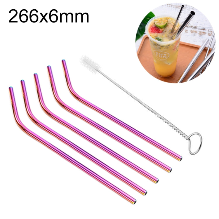 Pink-purple bent stainless straw set, 5-piece reusable, 266x6mm with cleaning brush