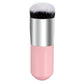 Large round makeup brush with pink-toned handle, silver base band, soft bristles