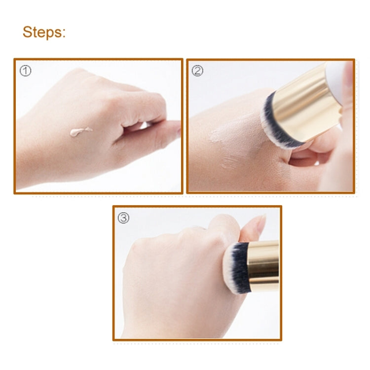Large round makeup brush in use on skin, showing application steps panel