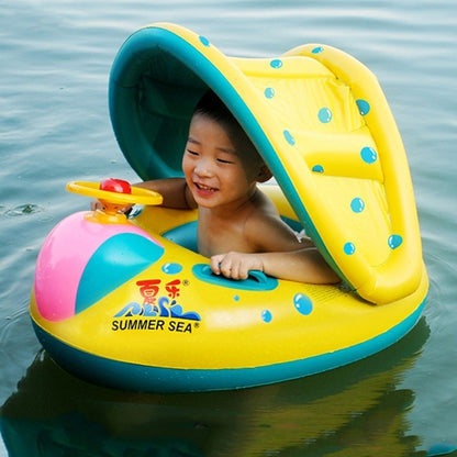 Inflatable baby boat seat with teal sunshade, yellow body, and pink front panel