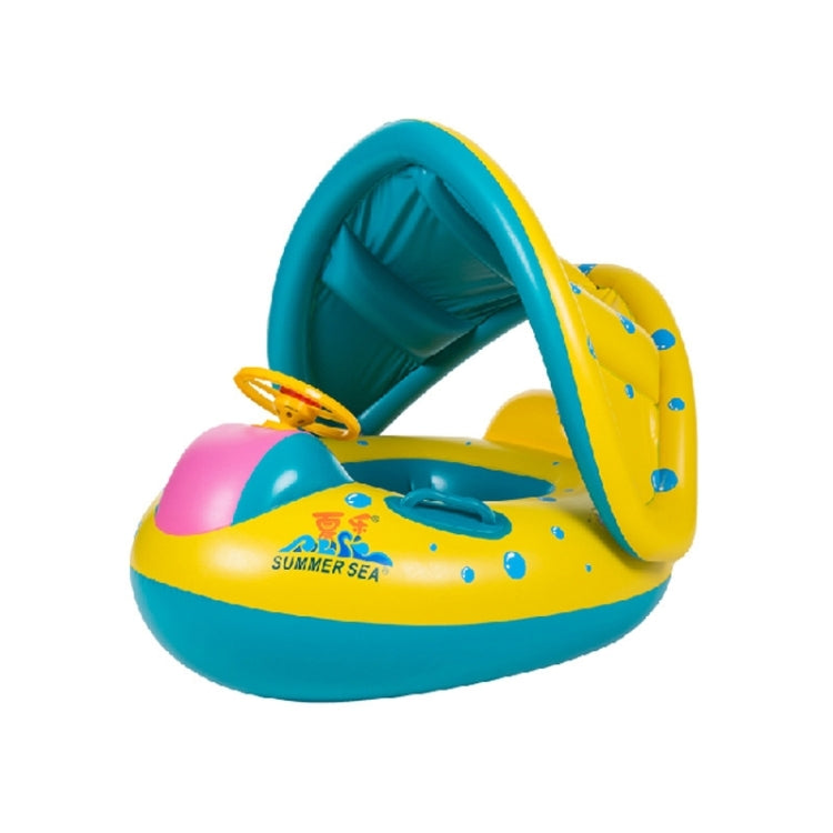 Inflatable boat ring seat with teal canopy, yellow body, teal base, and pink side