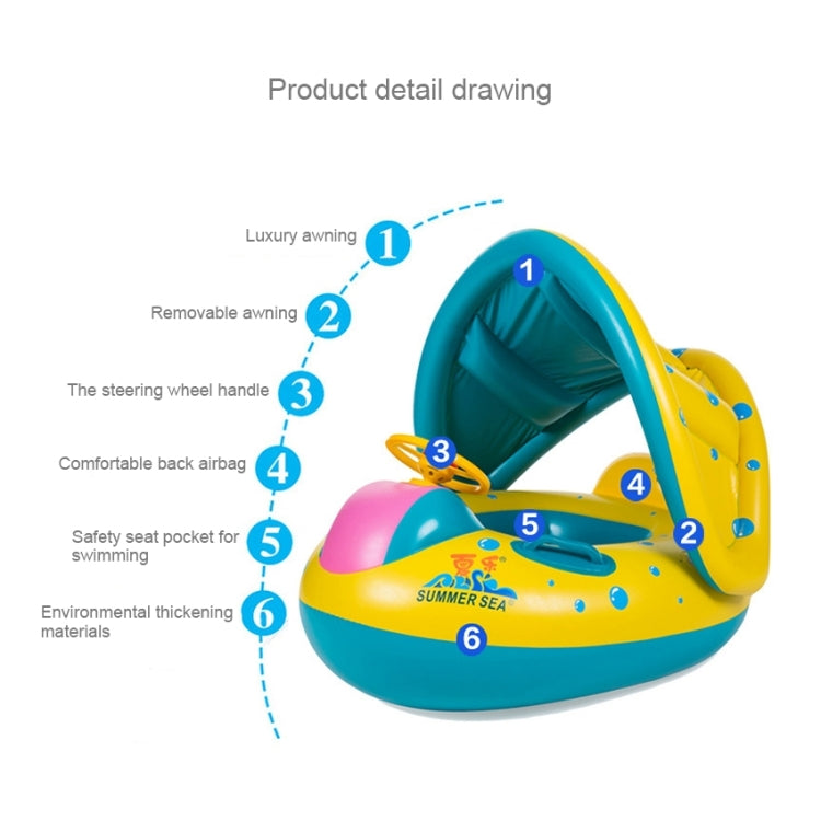 Inflatable boat seat product detail diagram with canopy, steering handle, and air backrest