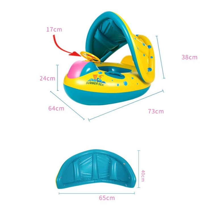 Inflatable boat seat with labeled measurements, teal canopy, and yellow-blue ring body
