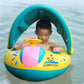 Inflatable baby boat seat on water with teal canopy and yellow-blue ring base