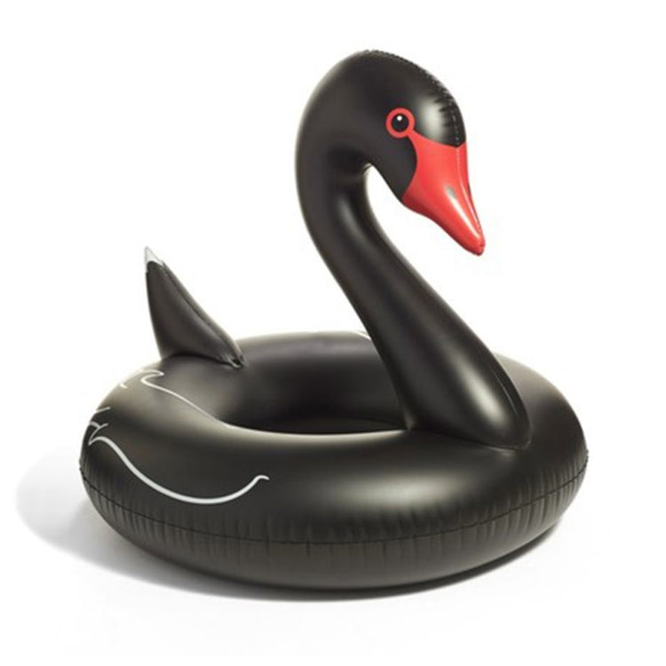Black inflatable swan swimming ring, side view with red beak and handle loop