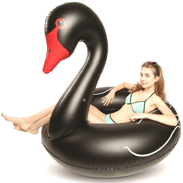 Black inflatable swan ring with red beak, large circular base and raised neck