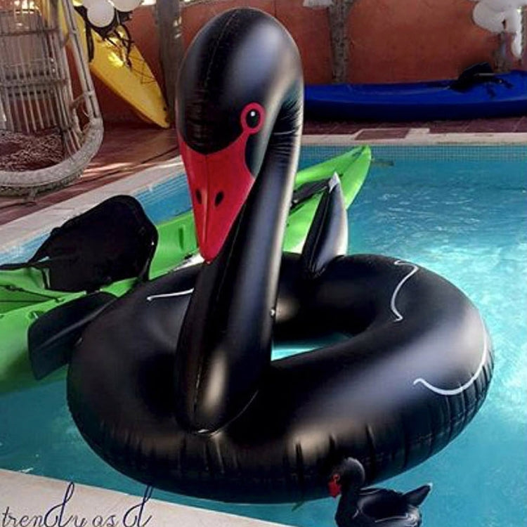 Black swan inflatable pool float ring with red beak and curled tail