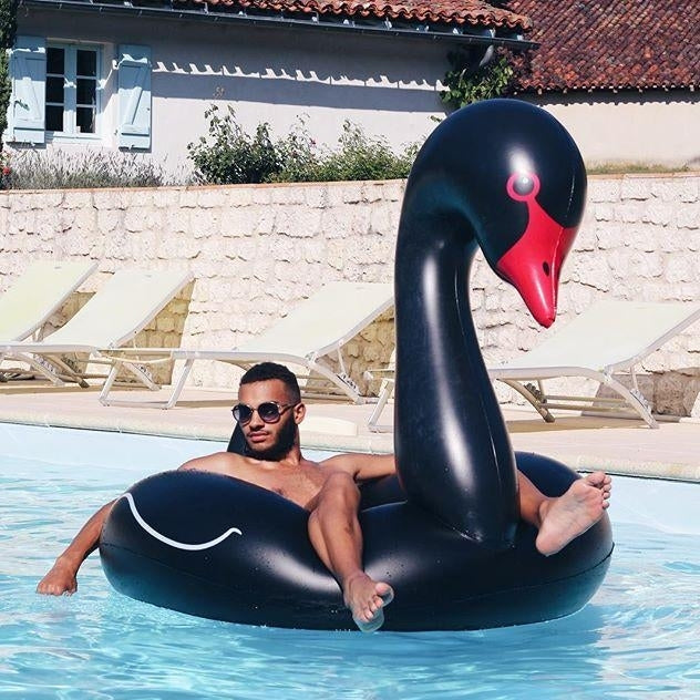 Black swan-shaped inflatable pool ring with red beak, upright swan neck