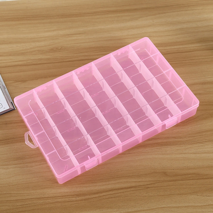 Pink translucent organizer box with a removable compartment grid for small accessories