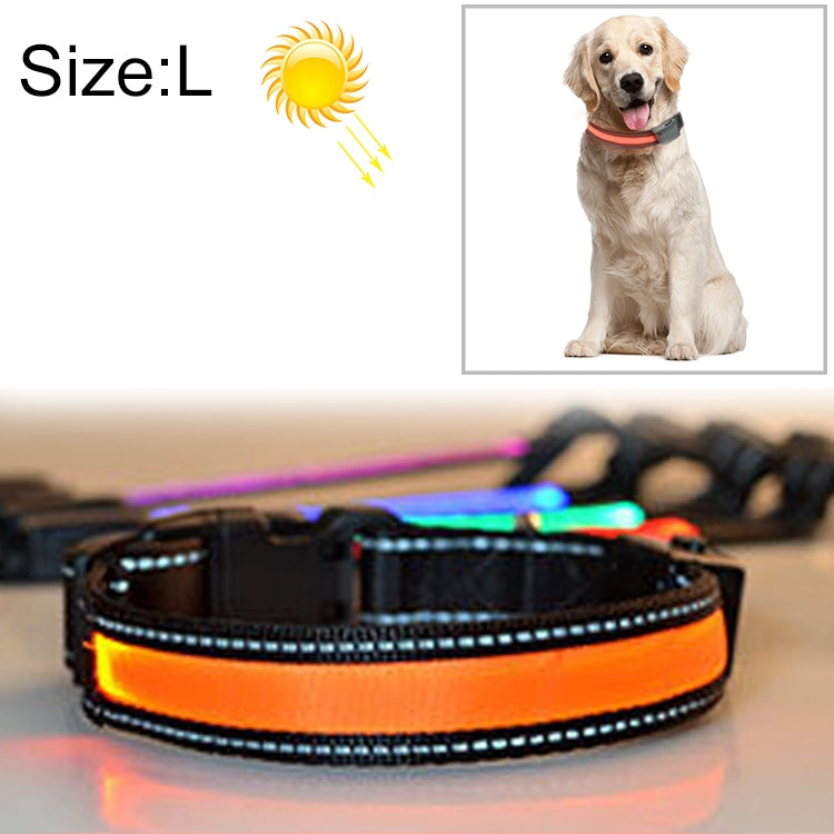 LED pet dog collar, size L, orange luminescent strip with reflective stitching