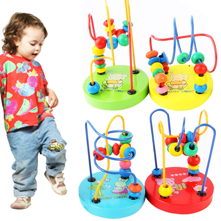 Wooden bead maze toy with colorful beads on four curved posts