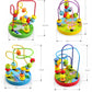 Set of colorful wooden around-bead maze toys, four circular bases and posts