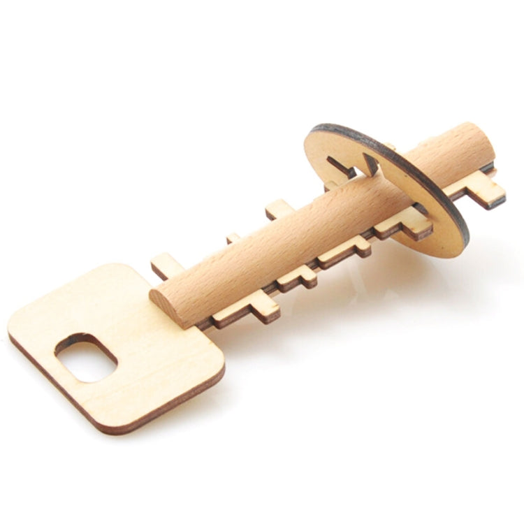 Wooden lock puzzle key with circular disk and base plate, natural wood, removable parts