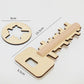 Wooden lock puzzle key set with key and base pieces; size labels show 15.5cm length