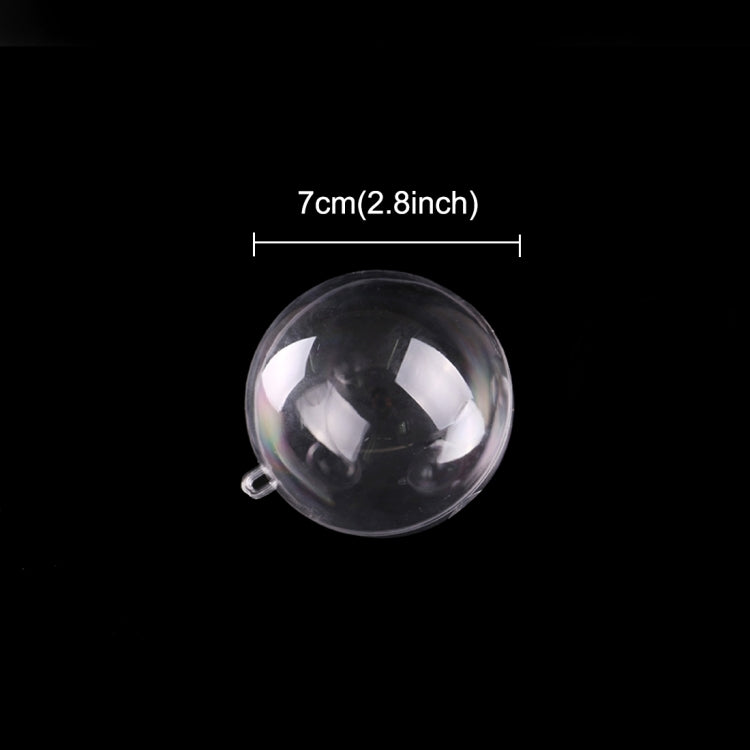 Transparent 7cm plastic hanging sphere ornament with metal loop and ring.