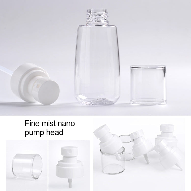 Clear plastic spray bottle with white cap and pump head, plus empty travel container