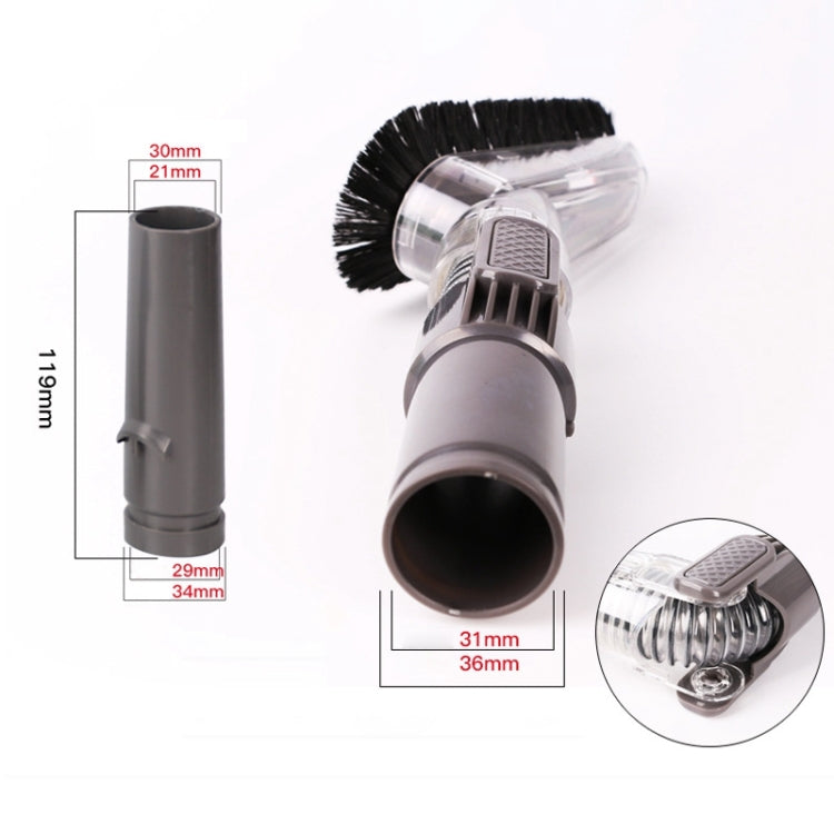 Rotating dusting brush attachment with black bristles, clear and gray plastic