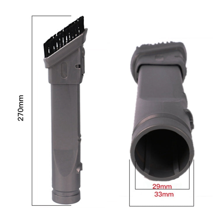 Crevice tool attachment with long flat nozzle and dense bristles, gray plastic