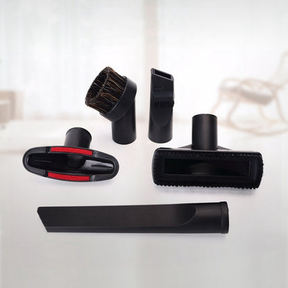 Vacuum brush head set with five black attachments and red accent bristle strips
