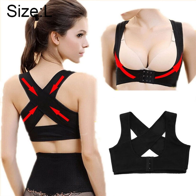 Women’s black cross-back shoulder support bra with X-strap design and front closure.